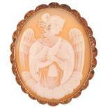 Large 9ct gold mounted cameo brooch carved with a winged figure with a dove, 6cm high, 18.5g