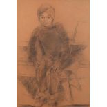 Full length portrait of a seated boy wearing a turban, charcoal, framed and glazed, 49cm x 35.5cm