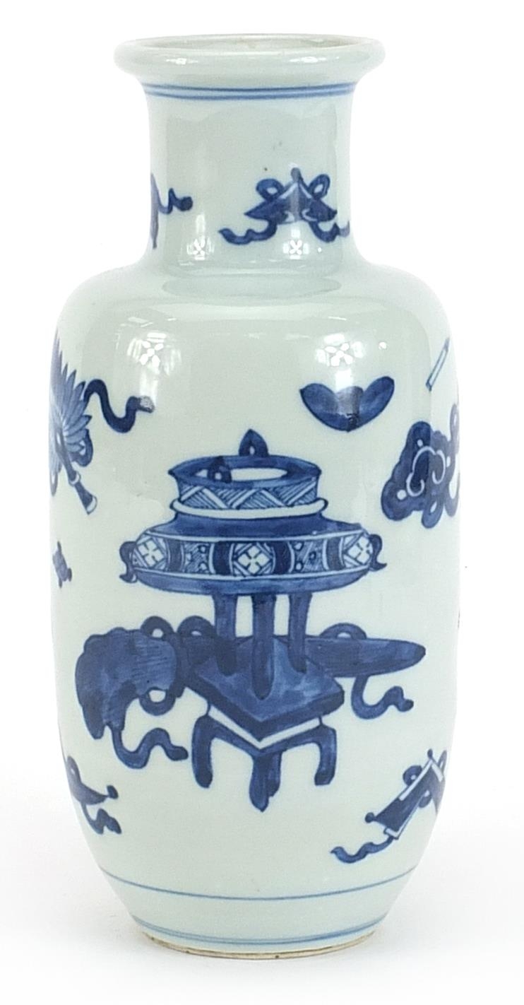 Chinese blue and white porcelain vase hand painted with lucky objects and Daoist emblems, 21cm high - Image 2 of 3