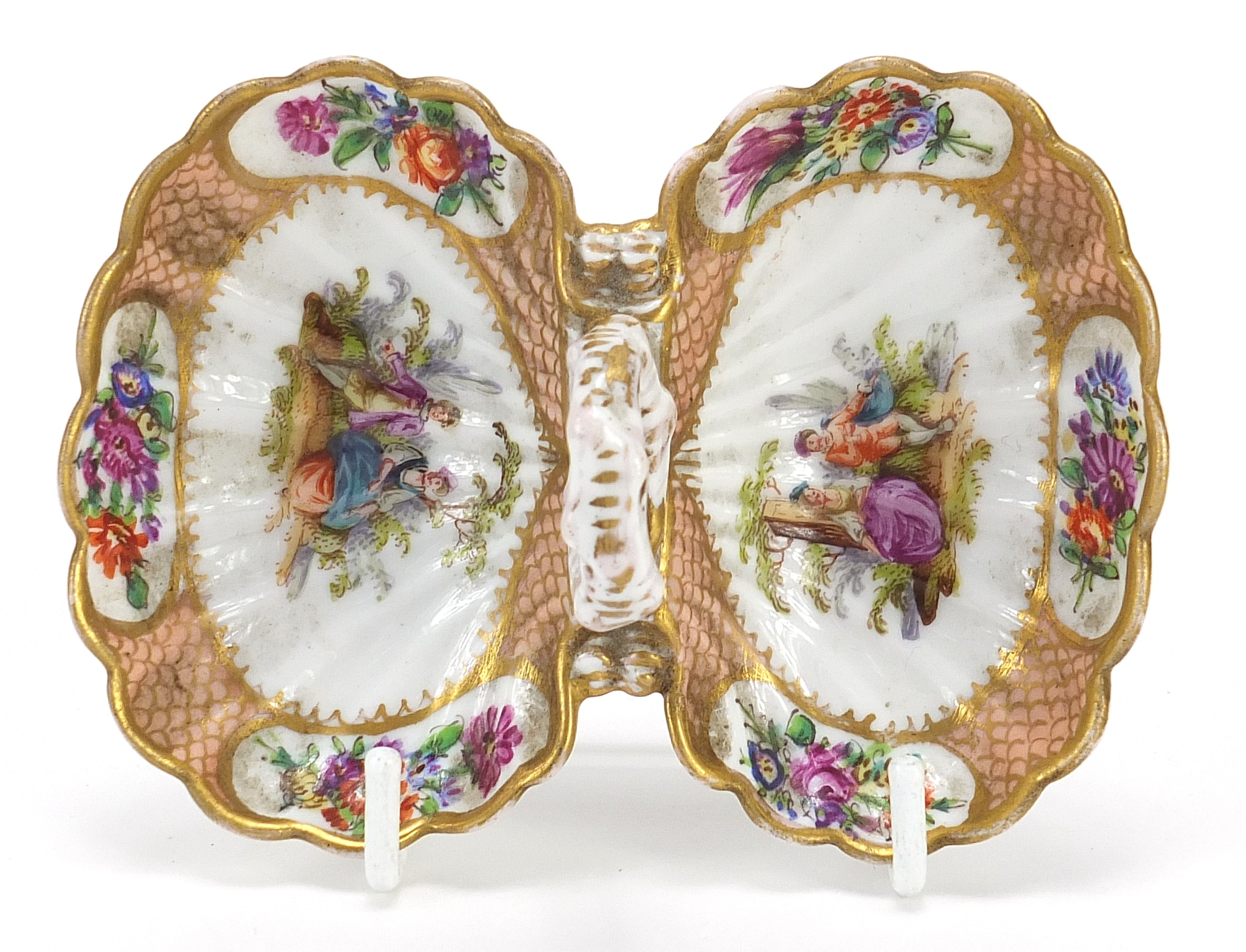 Meissen, German porcelain double shell salt hand painted with lovers and flowers, 10.5cm in length - Image 2 of 5