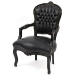 French style black painted elbow chair with black faux leather button back upholstery, 92cm high
