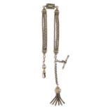 Victorian white metal watch chain with T bar and tassel, 29cm in length, 16.5g