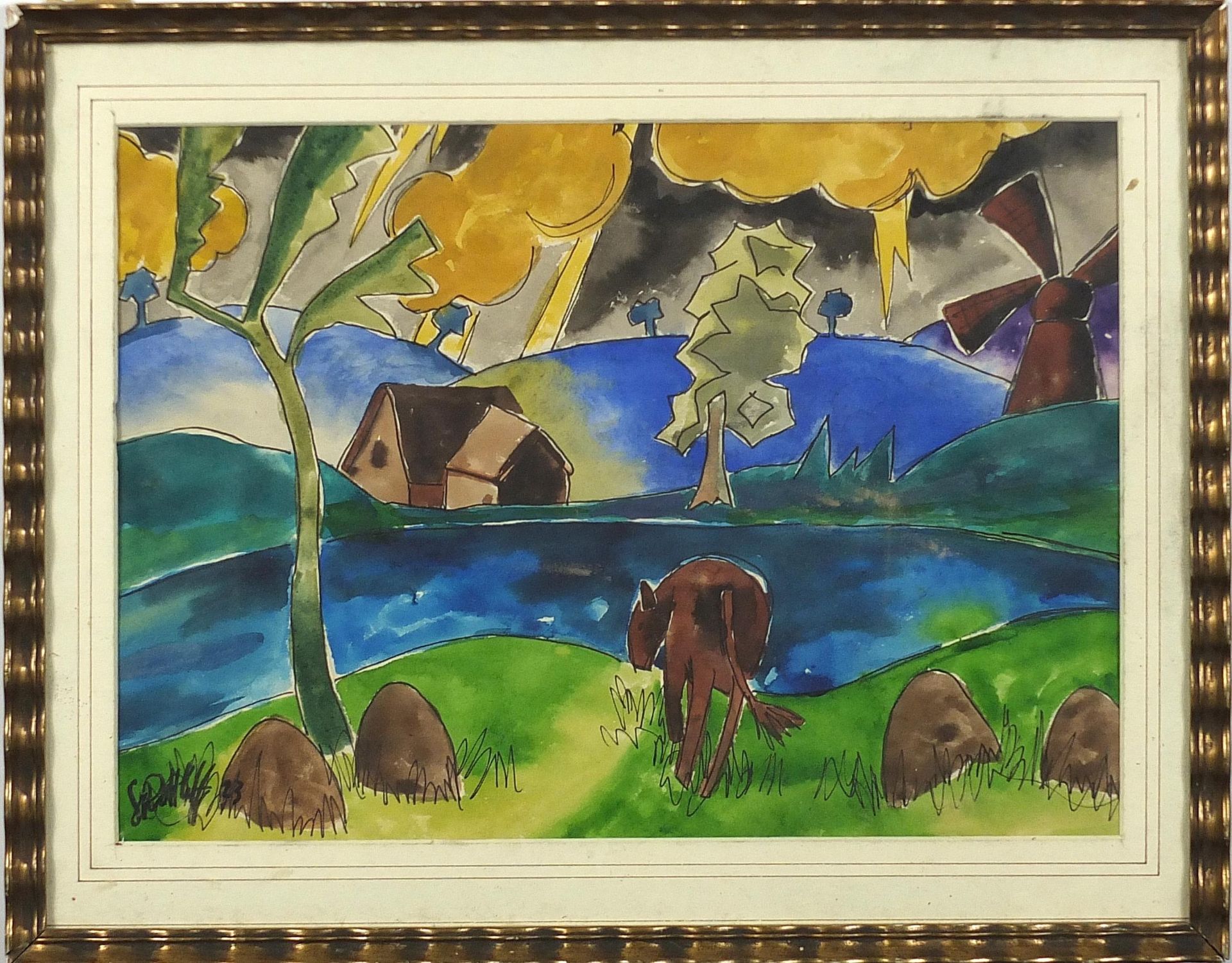 Stormy landscape with cow before a lake, ink and watercolour, mounted, framed and glazed, 33cm x - Bild 2 aus 4