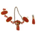 Victorian carved coral part bracelet with hand clasp and pendant with gilt metal mounts, 11cm in