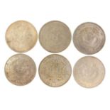 Six Chinese silver coloured metal coins, 125g