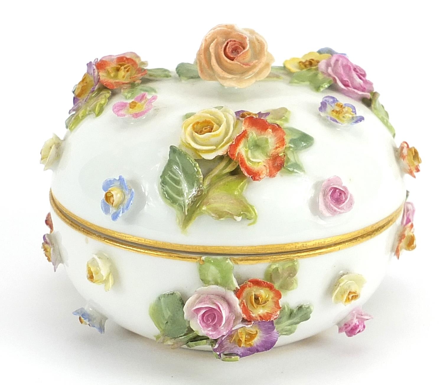 Meissen, German floral encrusted porcelain box and cover, blue crossed sword marks to the base, 7.