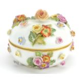 Meissen, German floral encrusted porcelain box and cover, blue crossed sword marks to the base, 7.