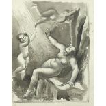 Nude female with cherubs, French school monochrome watercolour, framed and glazed, 33cm x 26cm