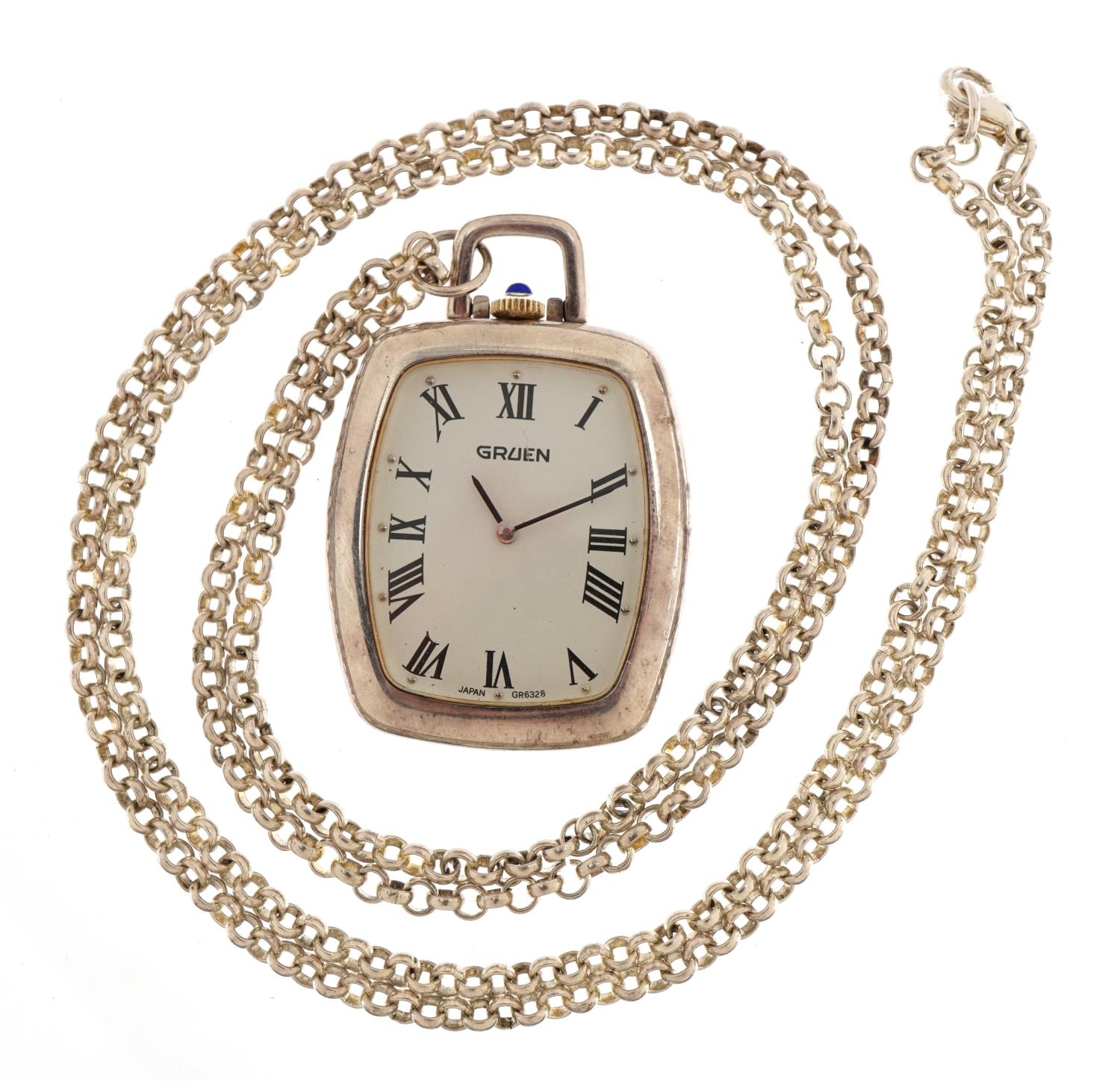 Gruen, gentlemen's open face pocket watch on a white metal necklace, 32mm wide, 49.2g - Bild 2 aus 3