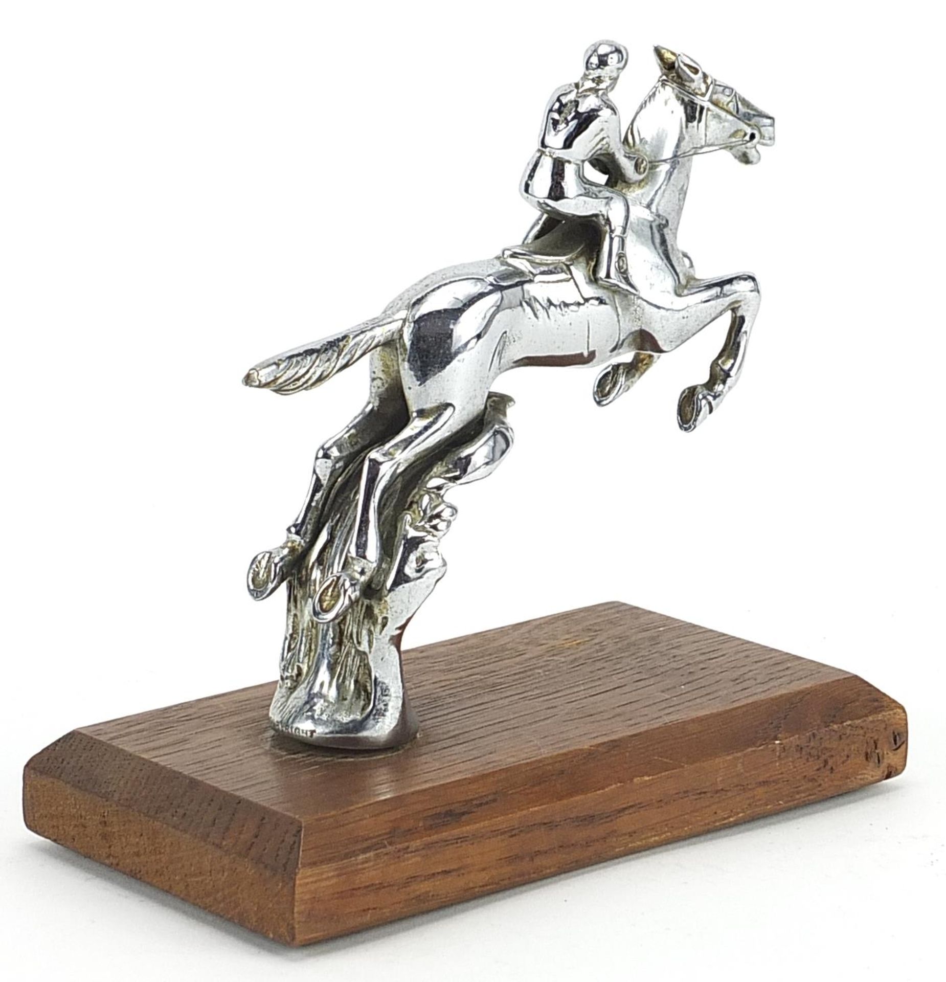 Desmo, vintage chrome plated car mascot in the form of a jockey on horseback raised on a later - Image 2 of 3