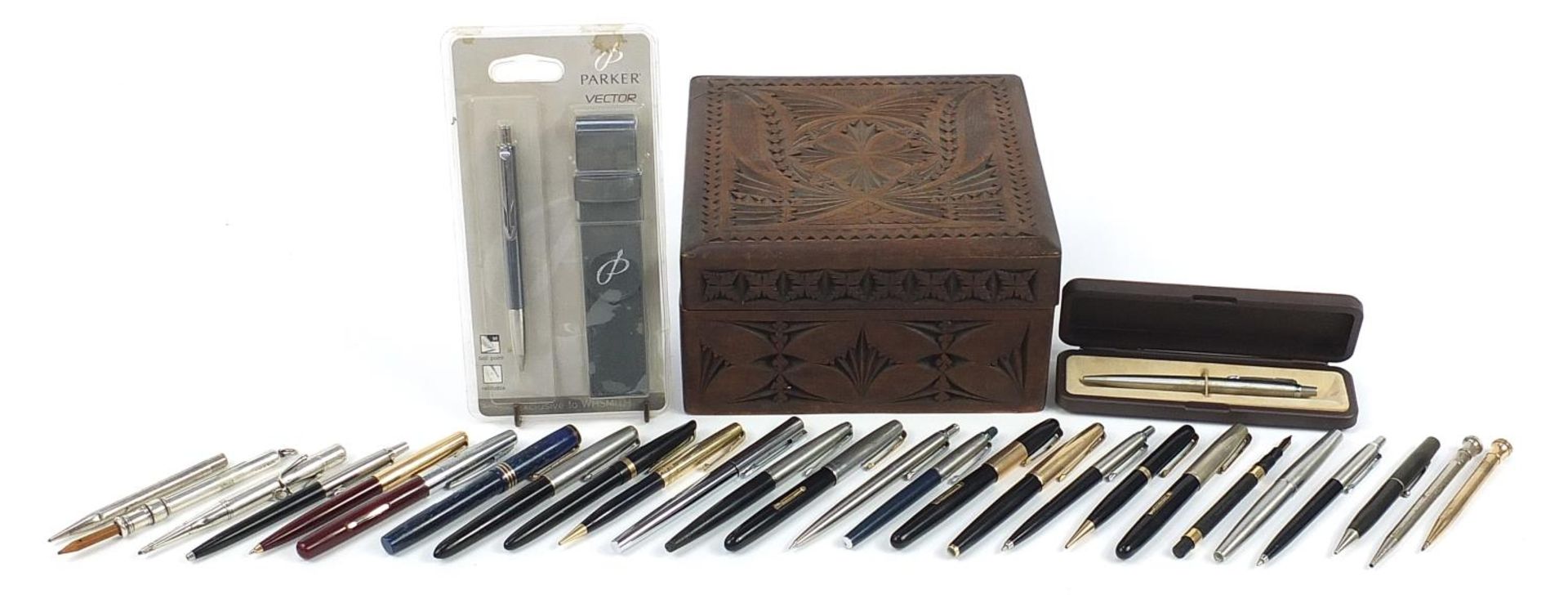 Collection of vintage and later fountain pens and ballpoint pens including a lapis lazuli Progress