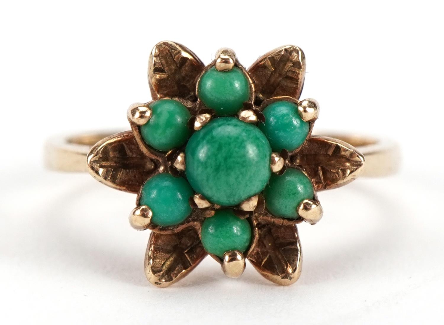 9ct gold turquoise flower head ring, size L, 3.1g