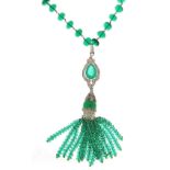Emerald beryl gemstone and diamond tasselled necklace with silver clasp, total emerald beryl