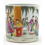 Large Chinese porcelain brush pot hand painted in the famille rose palette with figures in a