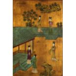 Chinese hardwood panel hand painted with females in a palace setting, 96cm high x 75cm wide
