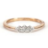 9ct gold diamond three stone ring, size M, 1.5g