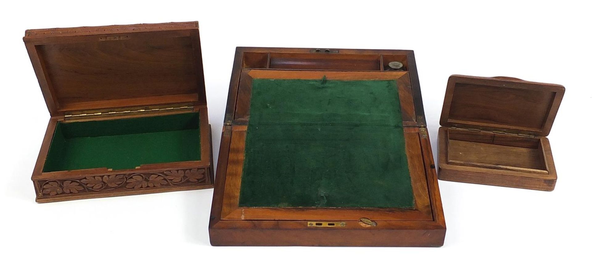 Three wooden boxes including Victorian walnut writing slope and one carved with a Royal Artillery Cr - Image 2 of 3