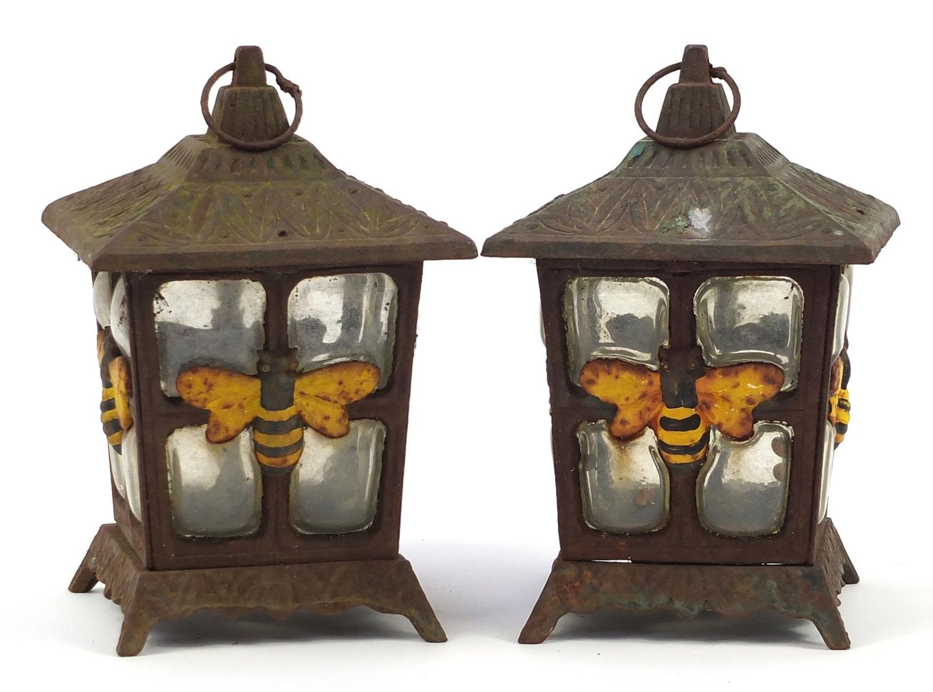 Pair of cast iron and glass garden tealight lanterns decorated with bumble bees, 23cm high - Image 2 of 3
