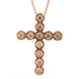 9ct rose gold round brilliant cut diamond cross pendant on a 9ct rose gold necklace, with