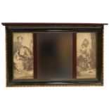 Mahogany triple aspect overmantle mirror depicting classical scenes, with bevelled glass, 102cm x