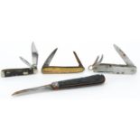 Assorted penknives including horn handled examples, one stainless steel with combination corkscrew