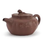 Chinese Yixing terracotta teapot incised with calligraphy and flowers, impressed character marks