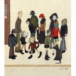 Manner of Laurence Stephen Lowry - Group of figures beside a building, Manchester school oil on