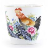 Chinese porcelain cup hand painted in the famille rose palette with a chicken and flowers, four