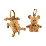 Two 9ct gold charms comprising teddy bear and turtle, the largest 1.9cm wide, 1.5g