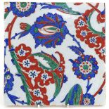Turkish Iznik pottery tile hand painted with leaves and flowers, 27.5cm x 28cm