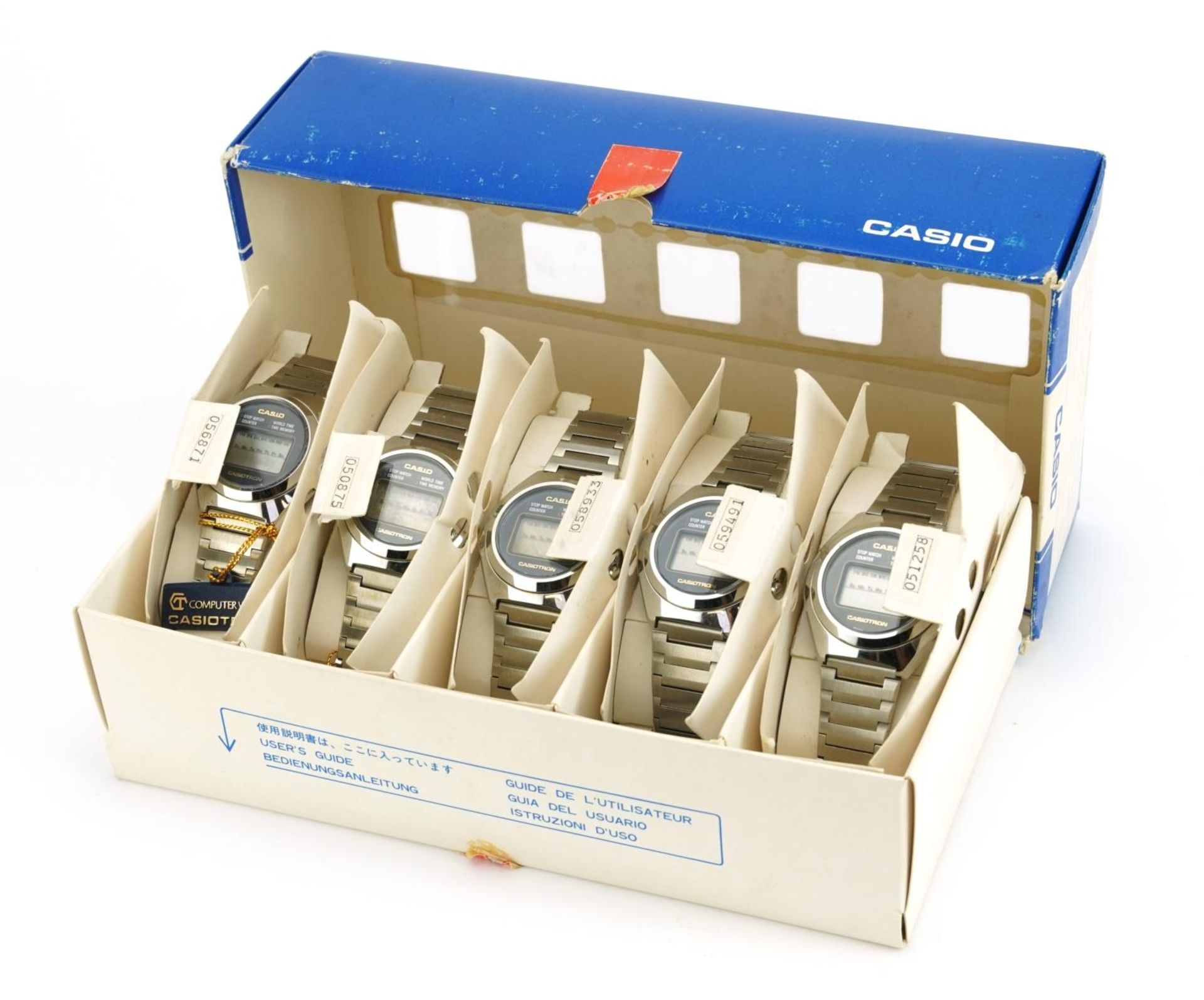 Casio, five vintage Casio R-17 Casiotron digital computer wristwatches with display box and