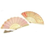 Two Victorian bone brisee fans including one with silk hand painted with flowers