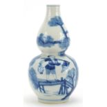 Chinese blue and white porcelain double gourd vase hand painted with figures on a bridge and on
