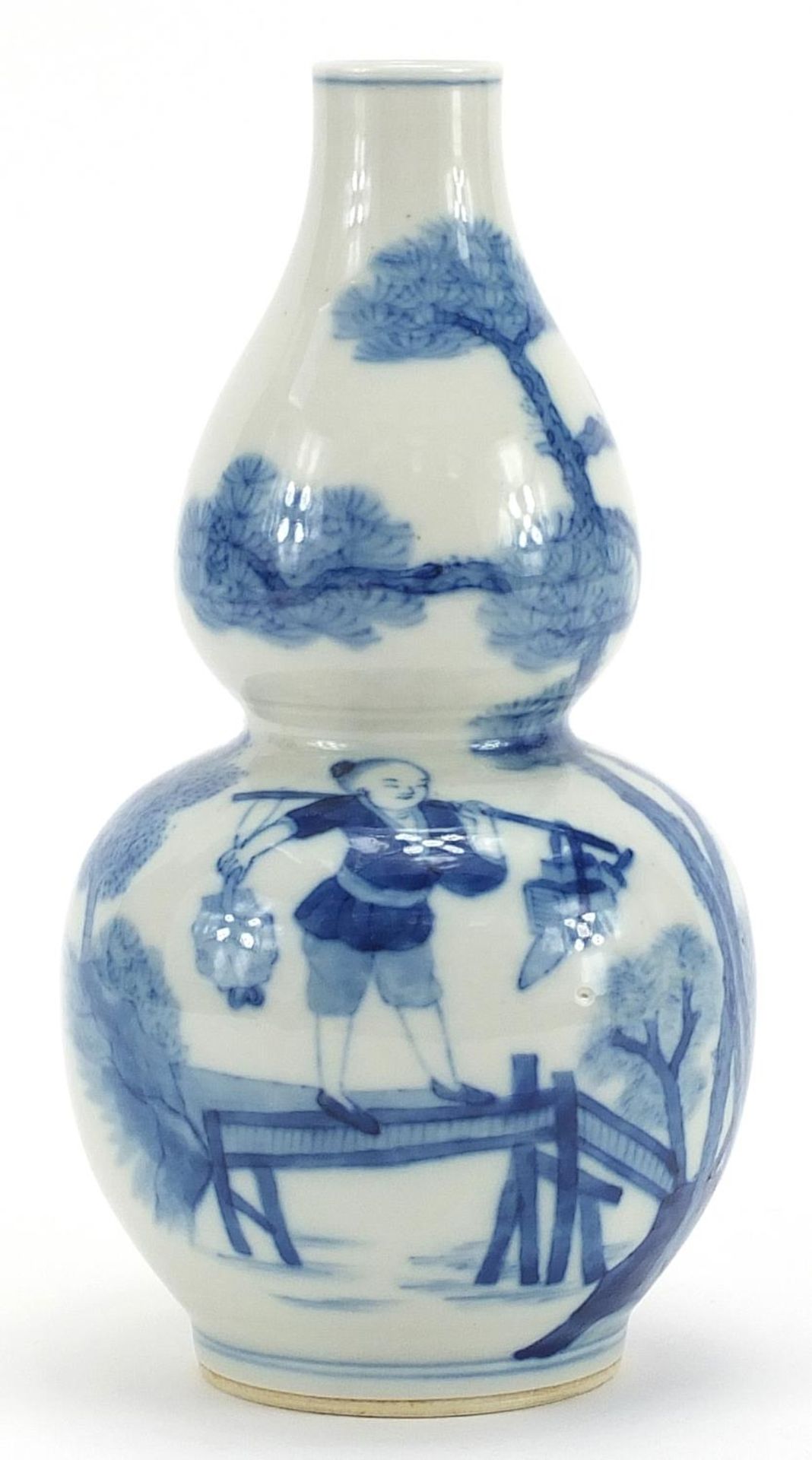 Chinese blue and white porcelain double gourd vase hand painted with figures on a bridge and on