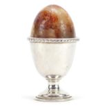 Derbyshire Blue John specimen egg and silver plated egg stand, the egg cup 6cm high