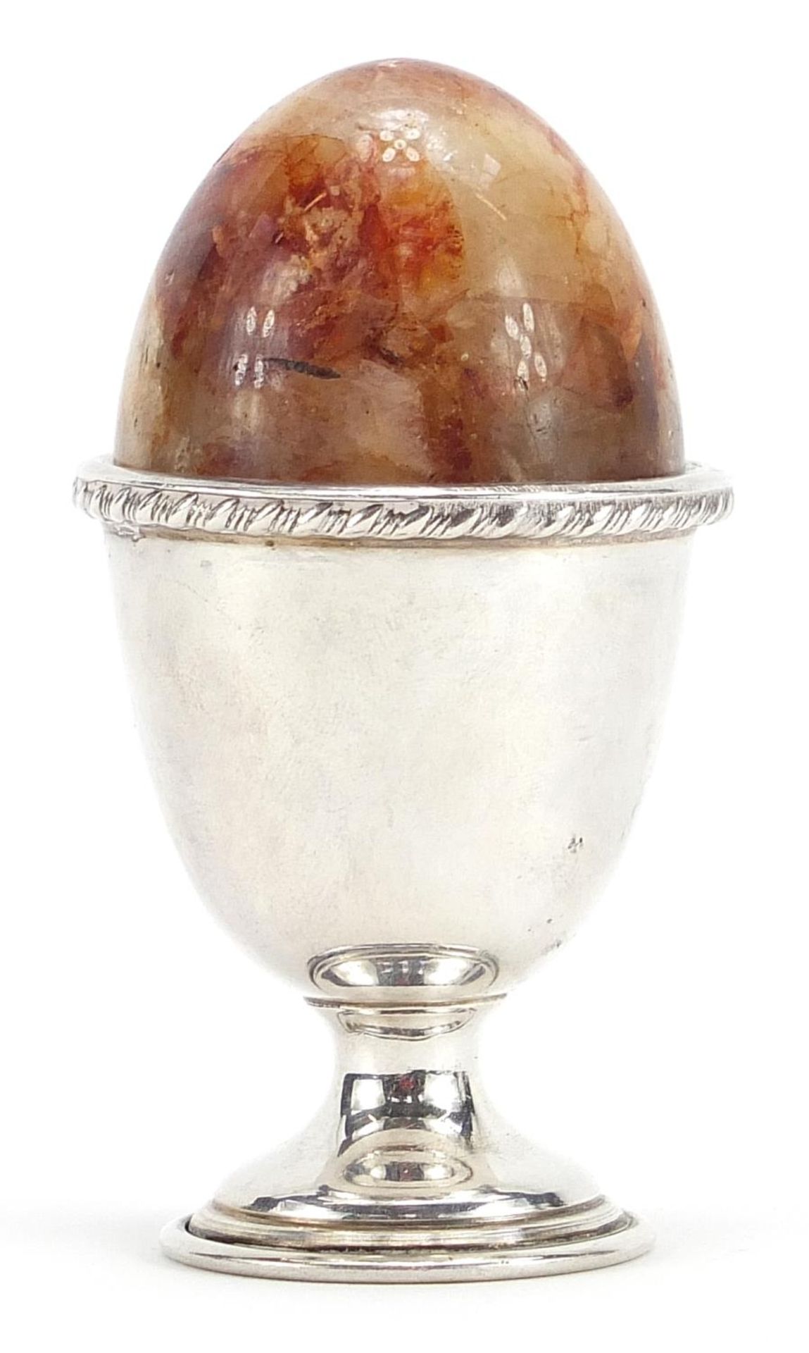 Derbyshire Blue John specimen egg and silver plated egg stand, the egg cup 6cm high