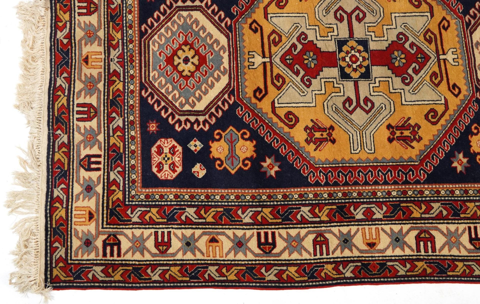 Rectangular Middle Eastern red and blue ground rug having an all over geometric design, 200cm x - Image 4 of 6