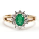 9ct gold emerald and cubic zirconia ring, size R, 3.2g