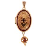 14ct gold diamond, garnet and red enamel locket, 5cm high, 5.3g