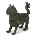Islamic patinated bronze mythical animal incense burner with hinged head, 17.5cm in length