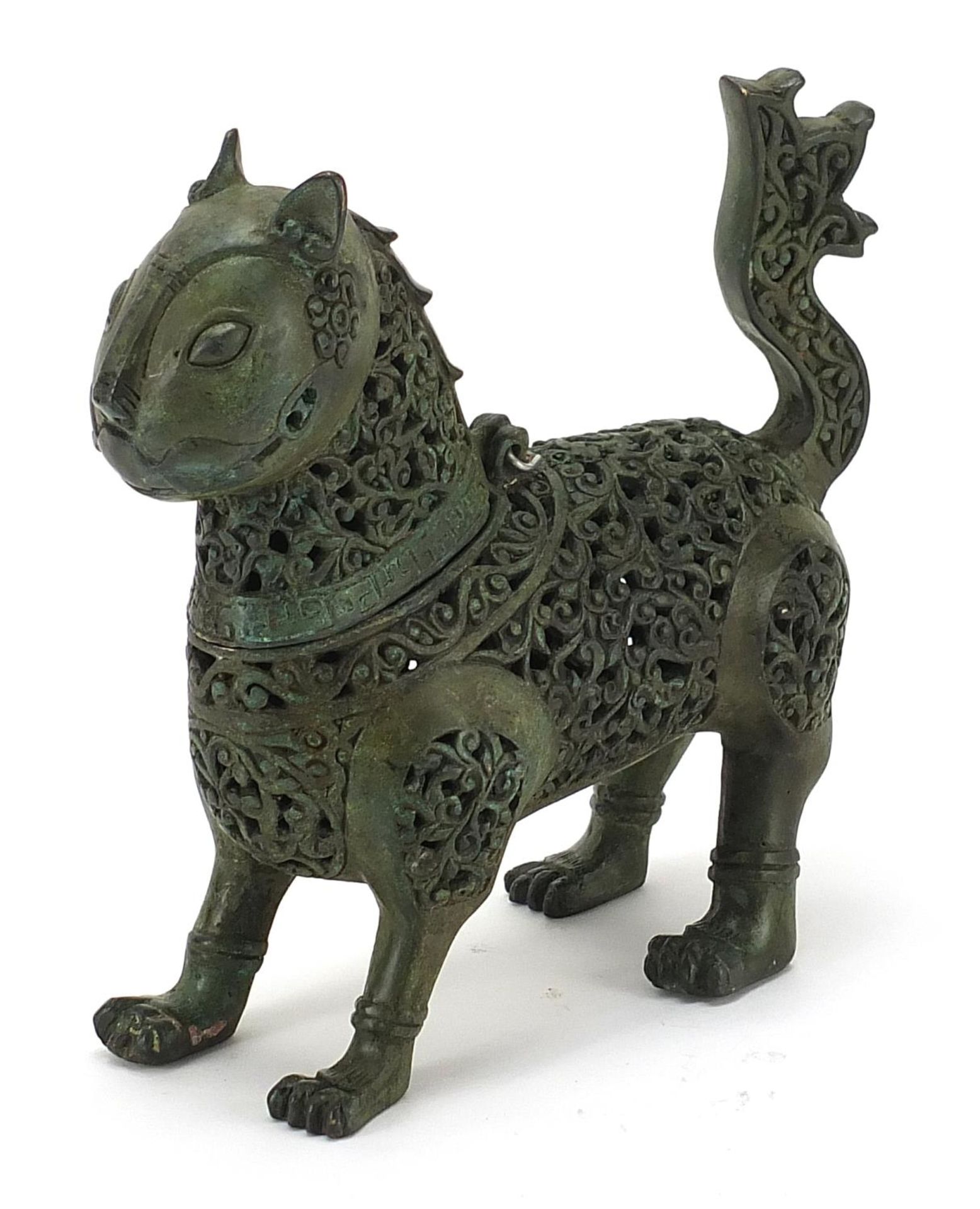 Islamic patinated bronze mythical animal incense burner with hinged head, 17.5cm in length