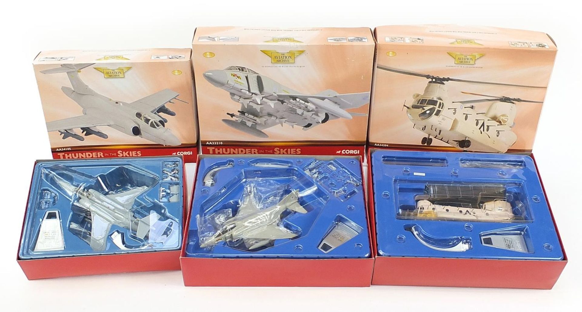 Three Corgi 1:72 scale models with boxes comprising Boeing-Vertol Chinook, HS Buccaneer S.2B and