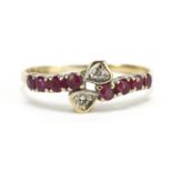 9ct gold diamond and ruby crossover ring, size N, 1.1g
