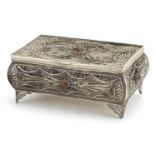 Russian silver filigree casket with hinged lid set with cabochon hardstones, 7cm H x 16cm W x 10.5cm