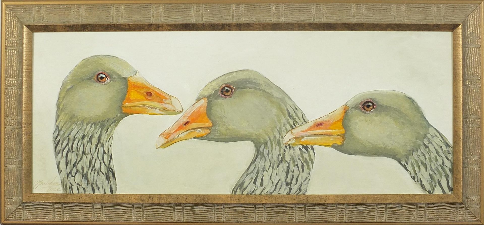 Clive Fredriksson - Greylag geese, oil on board, framed, 49.5cm x 20cm excluding the frame - Image 2 of 4