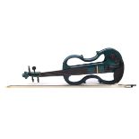 Carlo Giordano blue electric violin with bow and protective case, the violin back 14.5 inches in