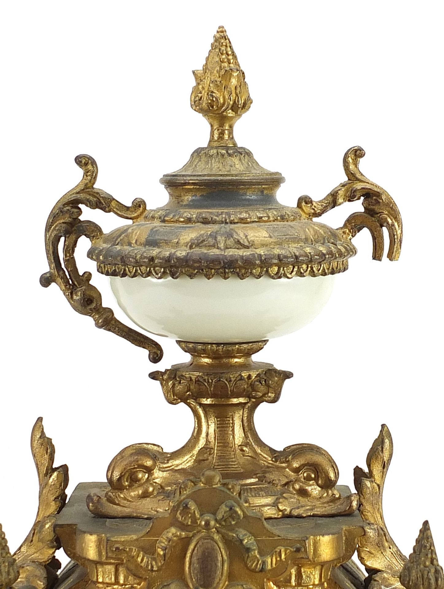 French gilt metal mantle clock with enamelled dial and Sevres style panel hand painted with a - Image 2 of 5