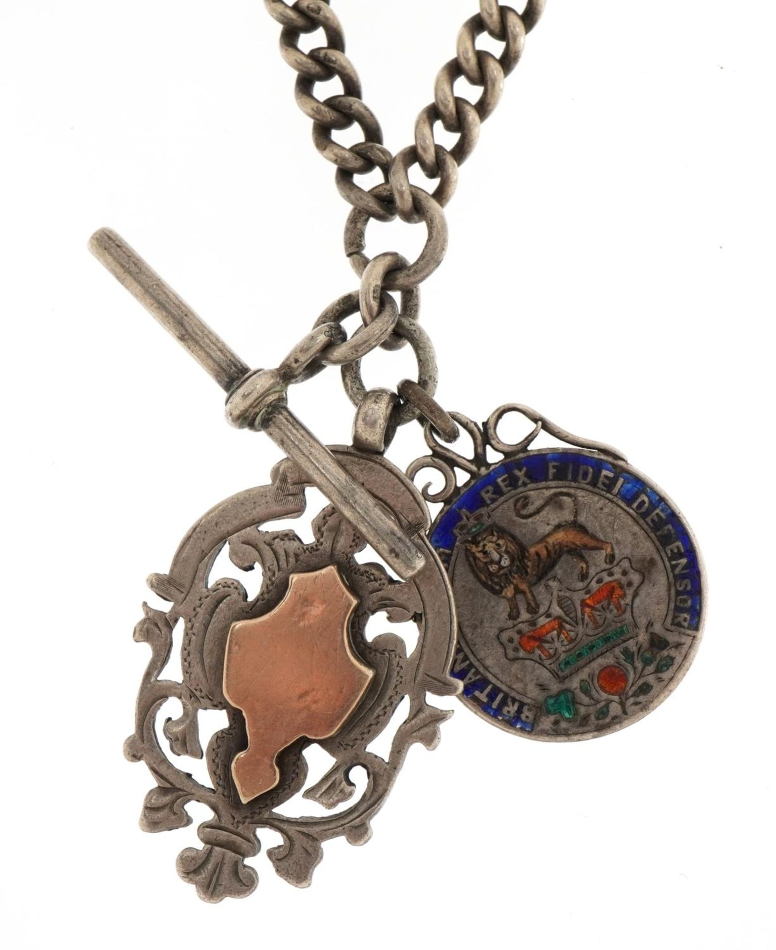 Silver watch chain with T bar, jewel and enamelled George IV shilling, 38cm in length, 46.9g