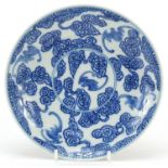 Chinese blue and white porcelain dish hand painted with bats amongst clouds, six figure character