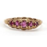 9ct gold ruby five stone ring, size L, 1.3g